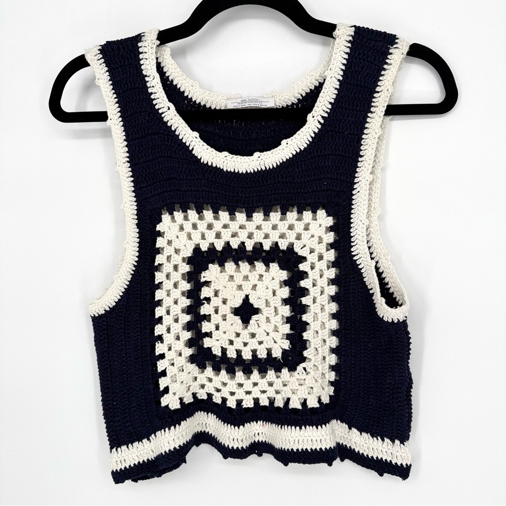Zara Navy & White Crochet Granny Square Sweater Vest Cotton Women’s Small